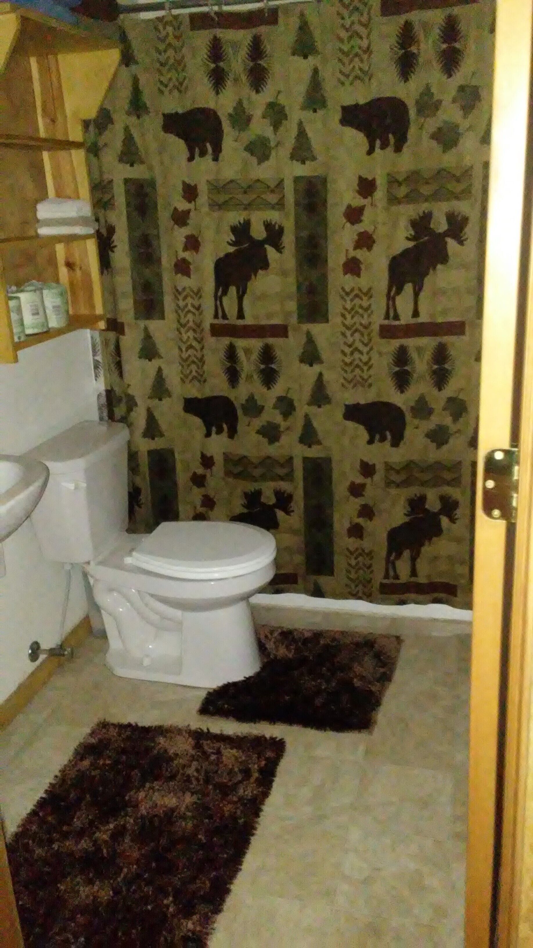 A bathroom with a toilet, sink, and shower curtain featuring animal prints.