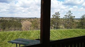 Blick von einer überdachten Veranda auf ein Wiesfeld mit Bäumen und sanften Hügeln in der Ferne.