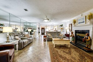 Smart TV, fireplace, books