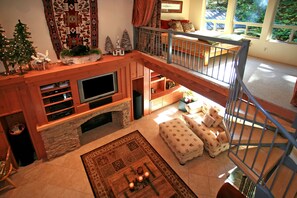 TV, fireplace, DVD player, music library