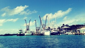 Een jachthaven met verschillende boten afgemeerd, een heldere lucht en een rustige zee.