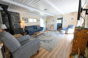 Una chimenea, un reproductor de DVD, juguetes, libros