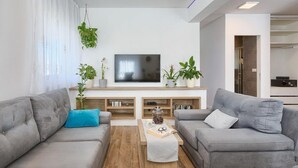 A modern living room with two grey sofas, a coffee table, and a flat-screen TV on a white wall. There are potted plants and a bookshelf with books and decorative items. - Entire house just for you! (Pula)