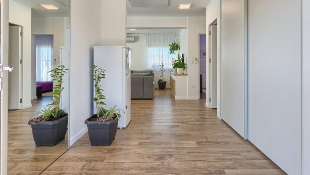 A modern hallway with wooden flooring, potted plants, a grey sofa, and a kitchen area in the background. - Entire house just for you! (Pula)