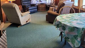 A cozy room with a television, leather chairs, a table with a tropical tablecloth, and wooden walls. - 3 Bedroom Cottage on Long Lake (Hastings)