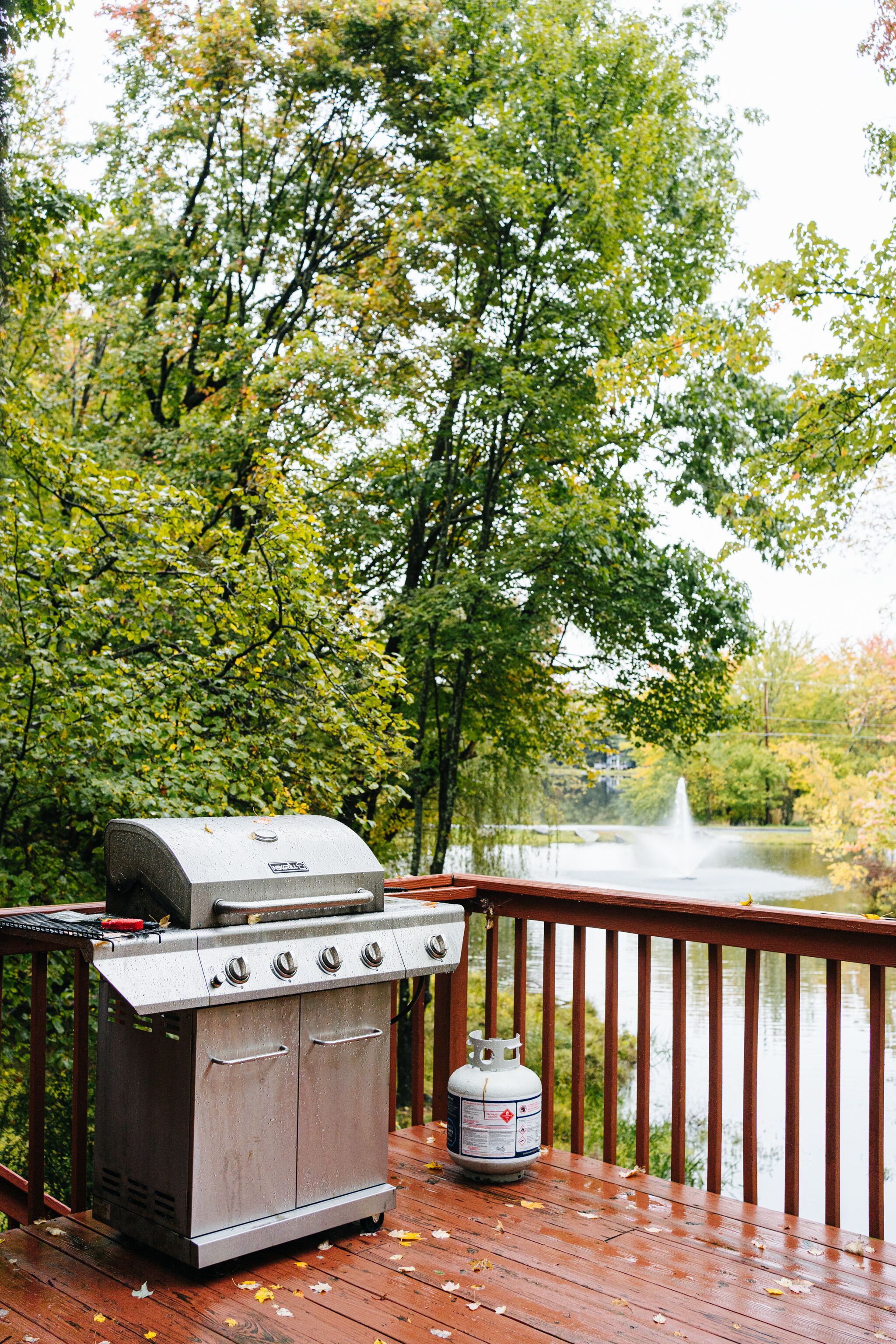 Een barbecue op een houten terras, met een gasfles ernaast, met uitzicht op water en bomen.