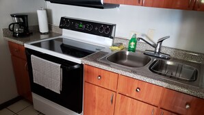 Eine Küche mit Herd, Backofen, Spüle und Holzschränken.