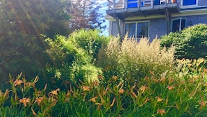 Un bâtiment à deux étages doté d’un balcon, entouré d’une végétation luxuriante et de plantes en fleurs.