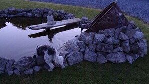 Un estany amb un pont de fusta i una estructura metàl·lica, envoltat de roques i gespa.