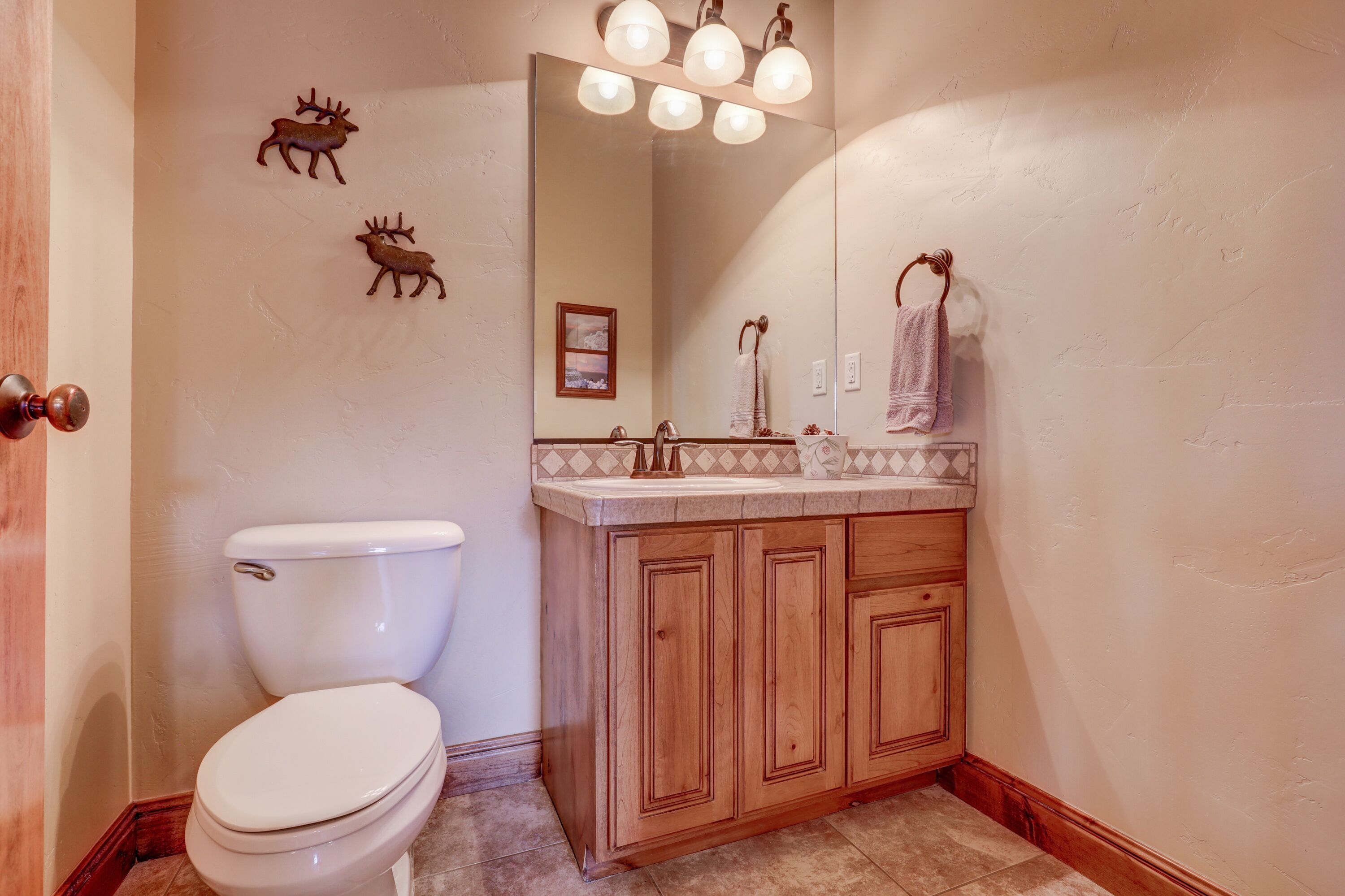 A bathroom with a toilet, wooden cabinets, a sink with a mirror, and decorative deer wall art.