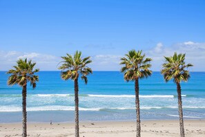 On the beach, sun-loungers, beach towels