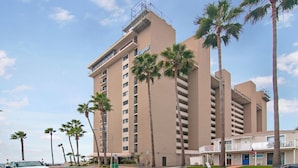 Un hôtel à plusieurs étages, doté d’une façade sobre, bordé de palmiers et disposant d’un parking rempli de voitures.