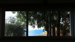 Una ventana con vistas a un paisaje costero, que incluye árboles y el mar.