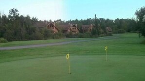 A golf course with a clear path and two flags marking the holes.