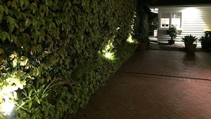 Un camino bordeado por un seto tupido y plantas en macetas, que lleva a una casa con una ventana y puerta iluminadas.