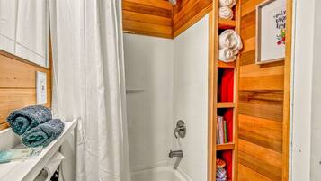 Combined shower/tub, hair dryer