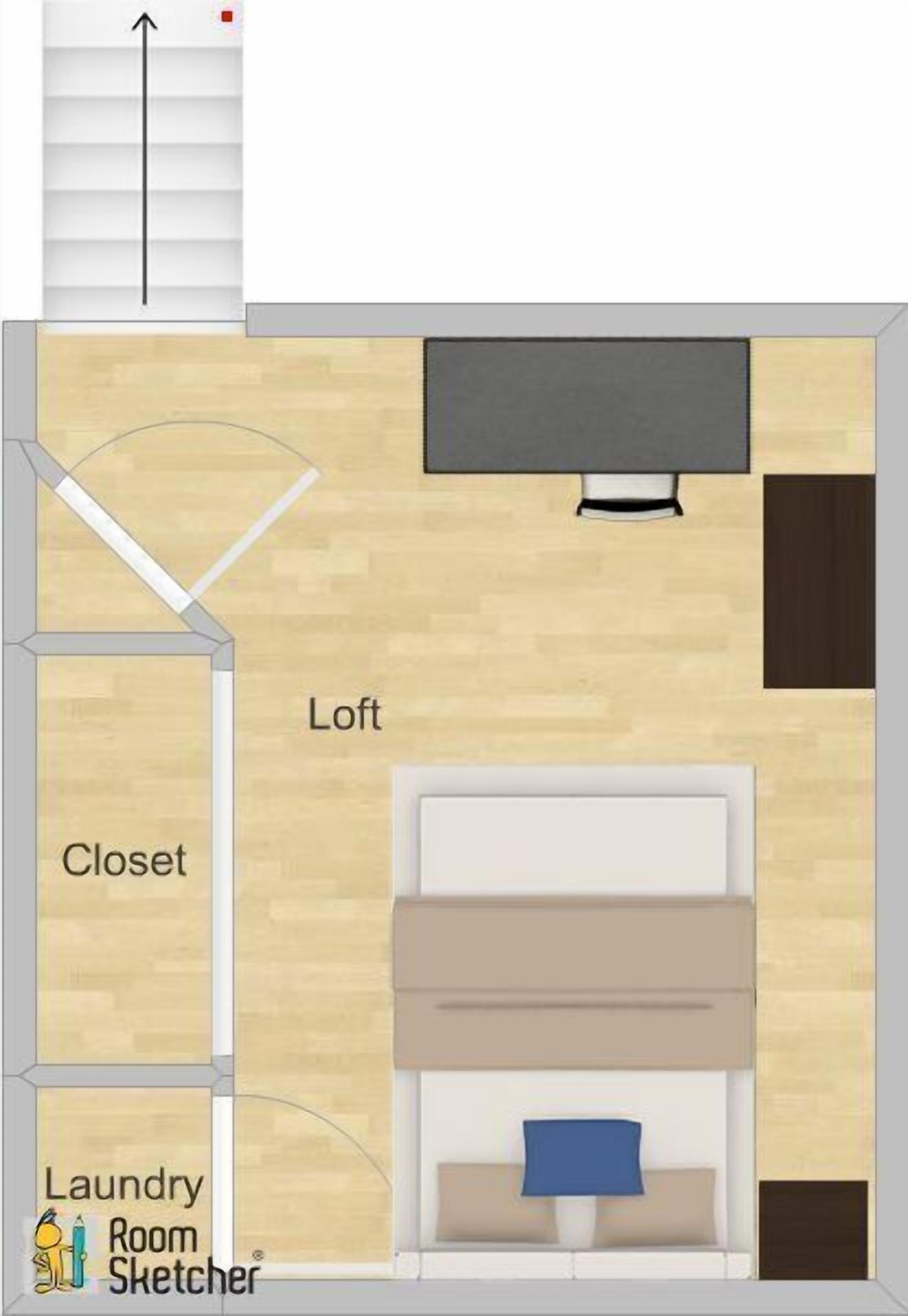 Plano de planta de una habitación con entrepiso, armario y lavandería.