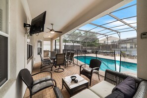 Outdoor pool, a heated pool, pool loungers