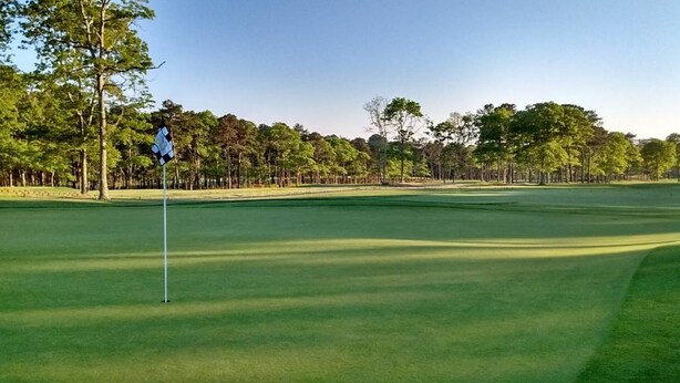 Ein Golfplatz mit Fahnenstange, umgeben von Bäumen und blauem Himmel.
