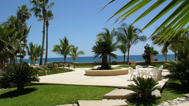 Un patio con vista al océano, rodeado de palmeras y una zona de estar con sillas.