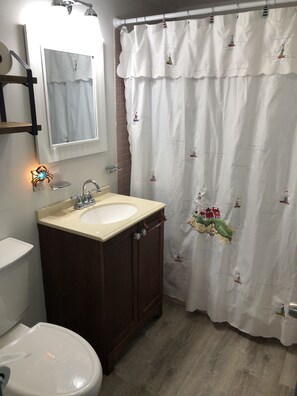 Combined shower/bathtub, hair dryer, towels, soap