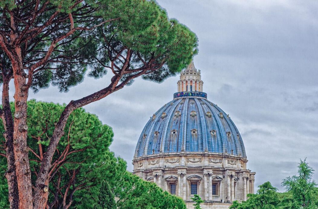 A large dome structure with a blue roof, surrounded by trees.