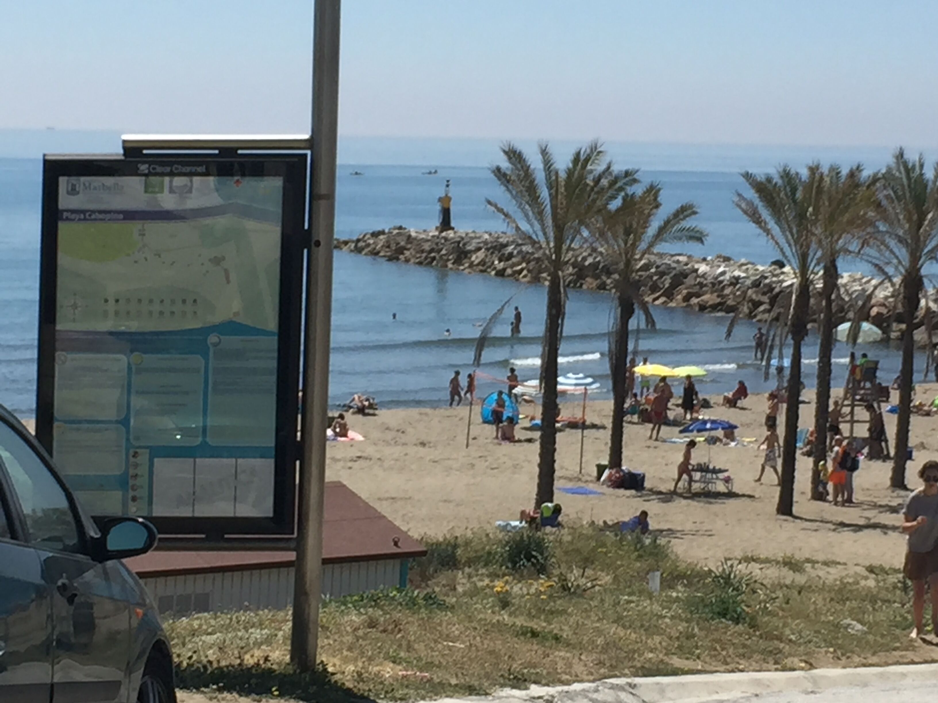 Une plage bordée de palmiers, des gens qui prennent un bain de soleil et un panneau indicateur.