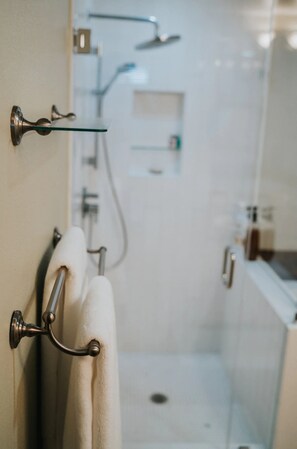 Hair dryer, towels, soap, shampoo