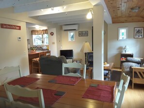 TV, fireplace, DVD player, books