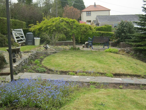 A garden with a lawn, a bench, and a wheelbarrow.
