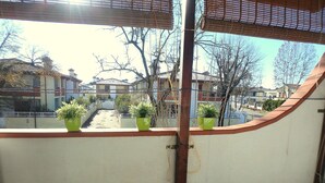 A balcony with potted plants, a view of a street with buildings, and a clear sky.