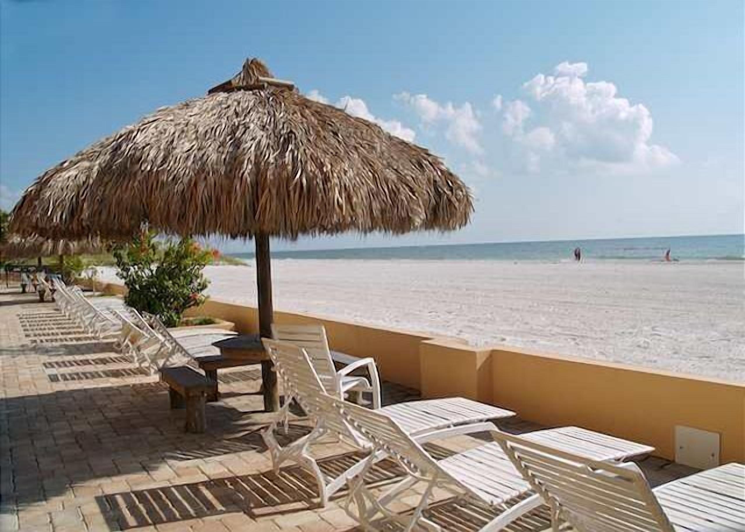 Eine Strandlounge mit Reetdachschirmen und Liegestühlen mit Blick aufs Meer.