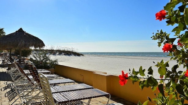 Eine Terrasse direkt am Strand mit Liegestühlen und einem Strohdachschirm, mit Blick auf den Ozean.