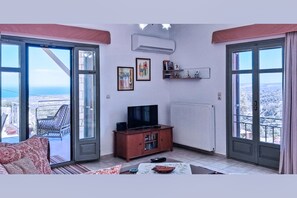 Smart TV, fireplace, books