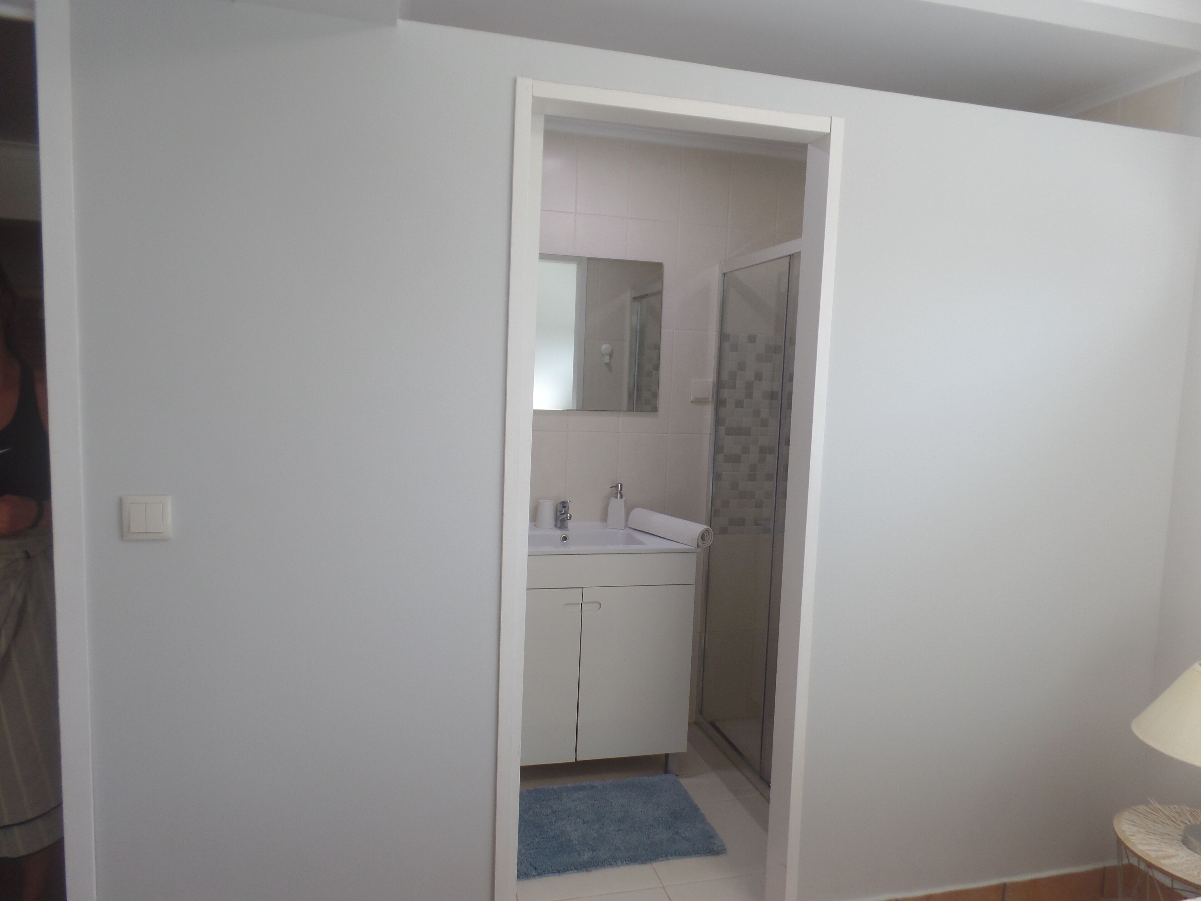 Een smalle gang die leidt naar een badkamer met een wastafel, spiegel en douche.
