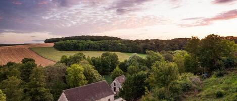 A rural landscape with a stone building surrounded by trees and fields.
