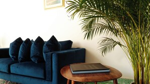 Ein blaues Sofa mit dunklen Kissen, ein kleiner Holztisch mit einem Buch und eine Zimmerpflanze.