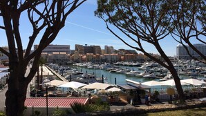 Un puerto deportivo con barcos amarrados, rodeado de edificios y árboles.