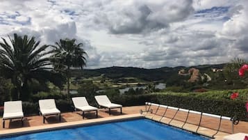 A heated pool, pool loungers
