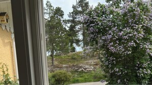 A window view of a checkered table with a potted plant, a white chair, and a black panther statue on a windowsill. - Unique Countryside Villa From The 17th Century, Close To Stockholm (Drottningholm)