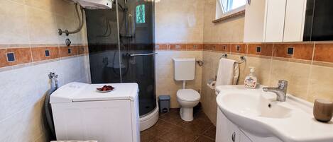 A bathroom with a shower, toilet, sink, and a small laundry machine.