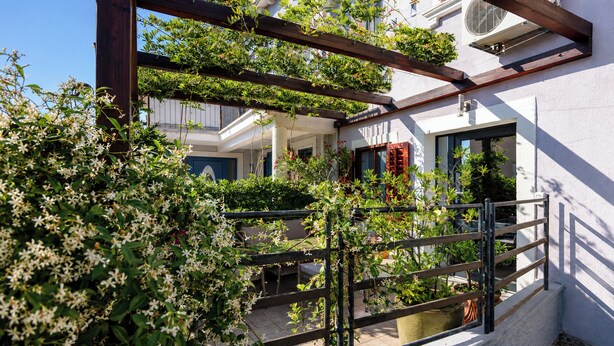 Een binnentuin met een houten pergola, plantenbakken en een wit gebouw met balkon.