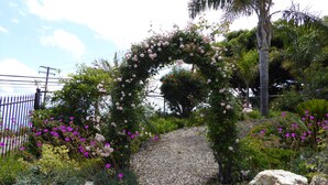 A garden with a stone pathway leading to a floral archway.