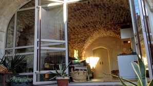 An interior with a stone ceiling, a large arched doorway, and a potted plant in the foreground.