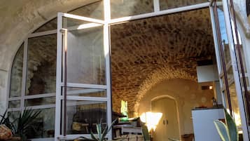 An interior with a stone ceiling, a large arched doorway, and a potted plant in the foreground.