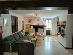 TV, fireplace, DVD player, books