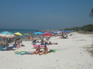 A beach with people sunbathing and swimming, and several colorful umbrellas providing shade.