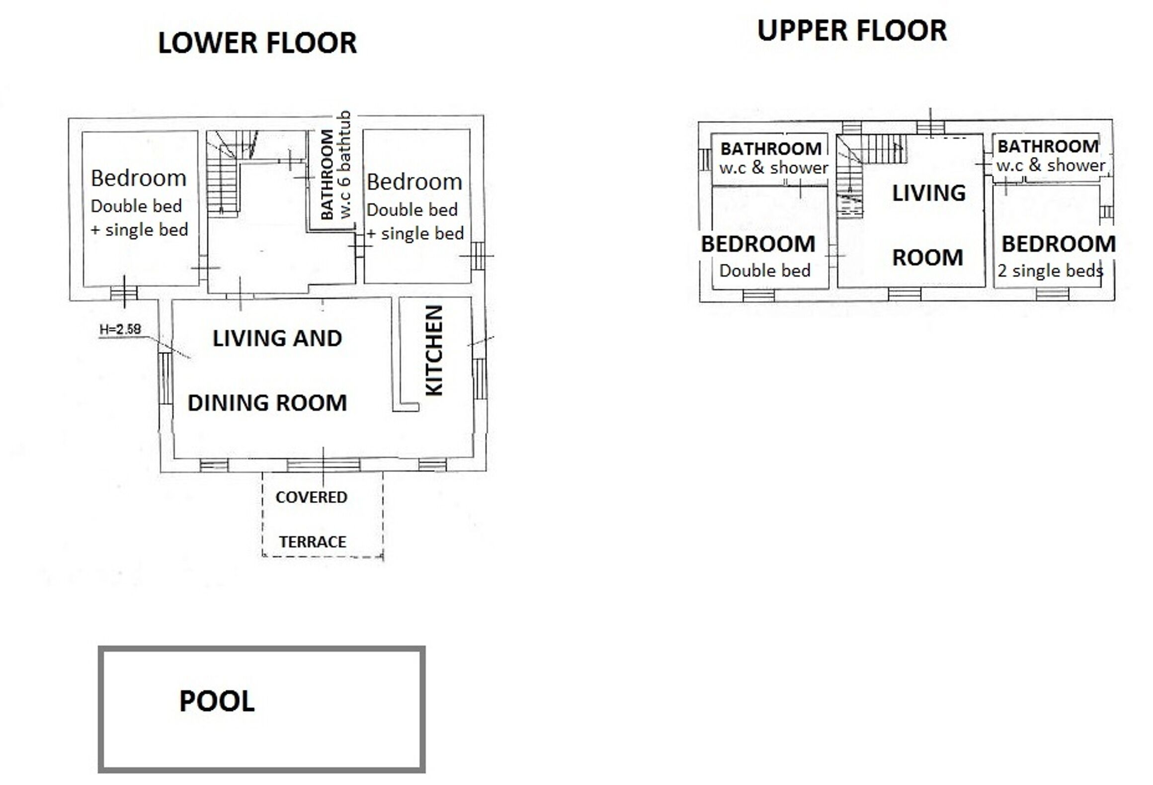 Floor plans of a hotel with two floors, including a covered terrace and a pool.