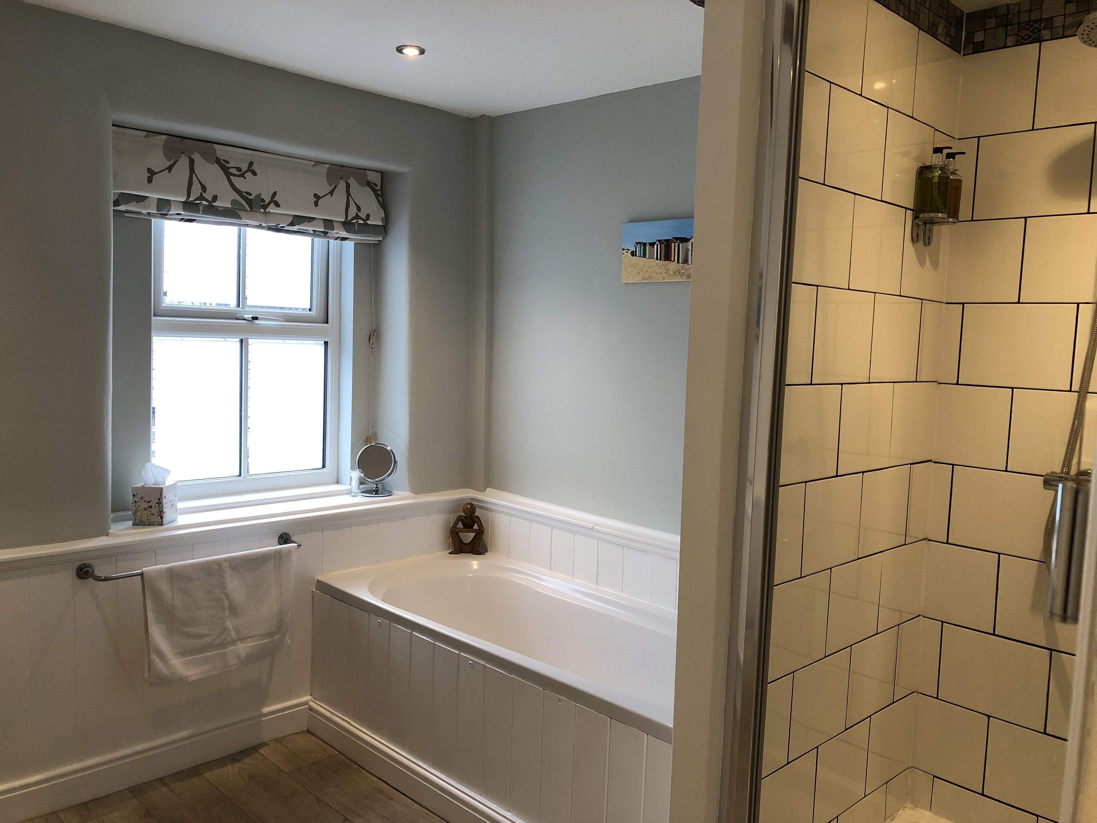 Bathtub, hair dryer, towels, soap
