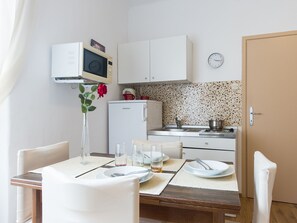 Fridge, microwave, stovetop, coffee/tea maker